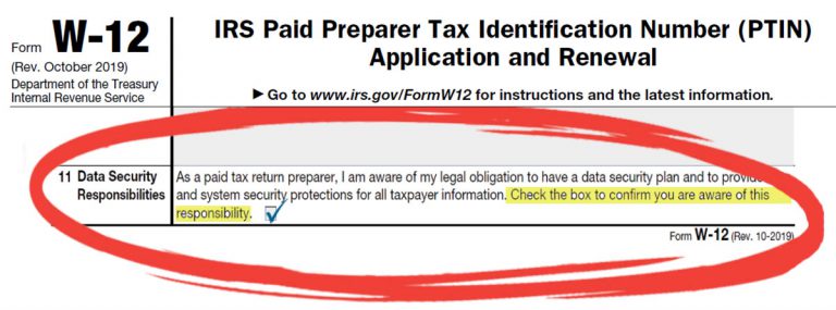 IRS Form W-12 PTIN Renewal with Circled IT Security Requirement