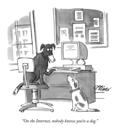 Dogs on computer talking about internet comic