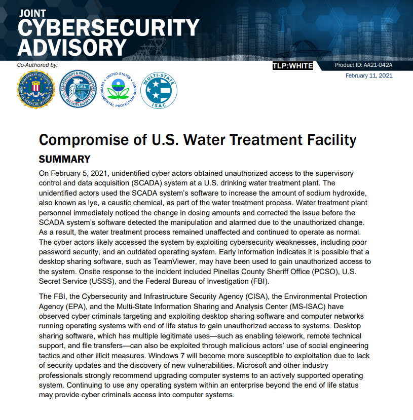 Compromise of U.S. Water Treatment Facility SUMMARY Joint Cybersecurity Advisory DoJ, CISA, EPA, ISAC, FBI